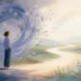 Editorial illustration of a person moving from a swirling loop of thoughts onto a calm path for OCD recovery