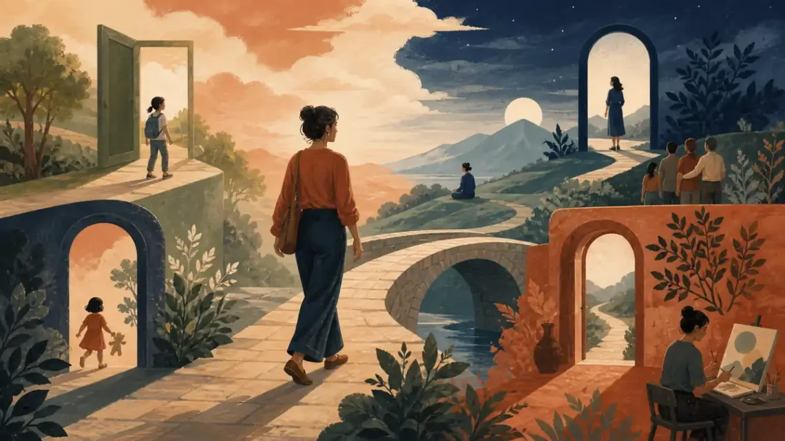 Editorial illustration of an adult walking through changing life stages, doors, bridges, and skies