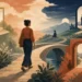 Editorial illustration of an adult walking through changing life stages, doors, bridges, and skies
