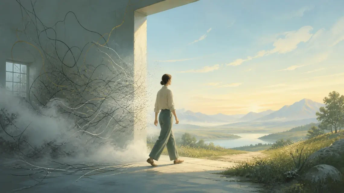 Editorial illustration of a person leaving fog for a clear horizon to represent mental clarity