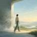 Editorial illustration of a person leaving fog for a clear horizon to represent mental clarity