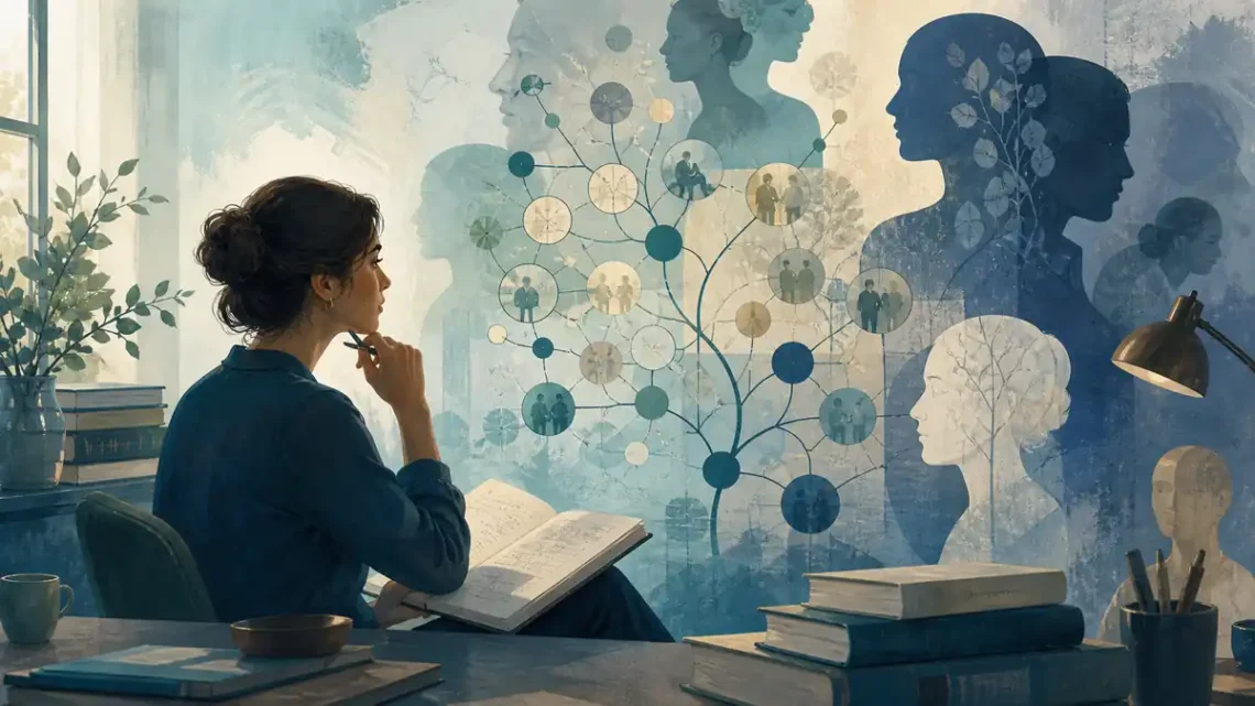 Editorial illustration of layered human profiles and a case map for clinical psychology study