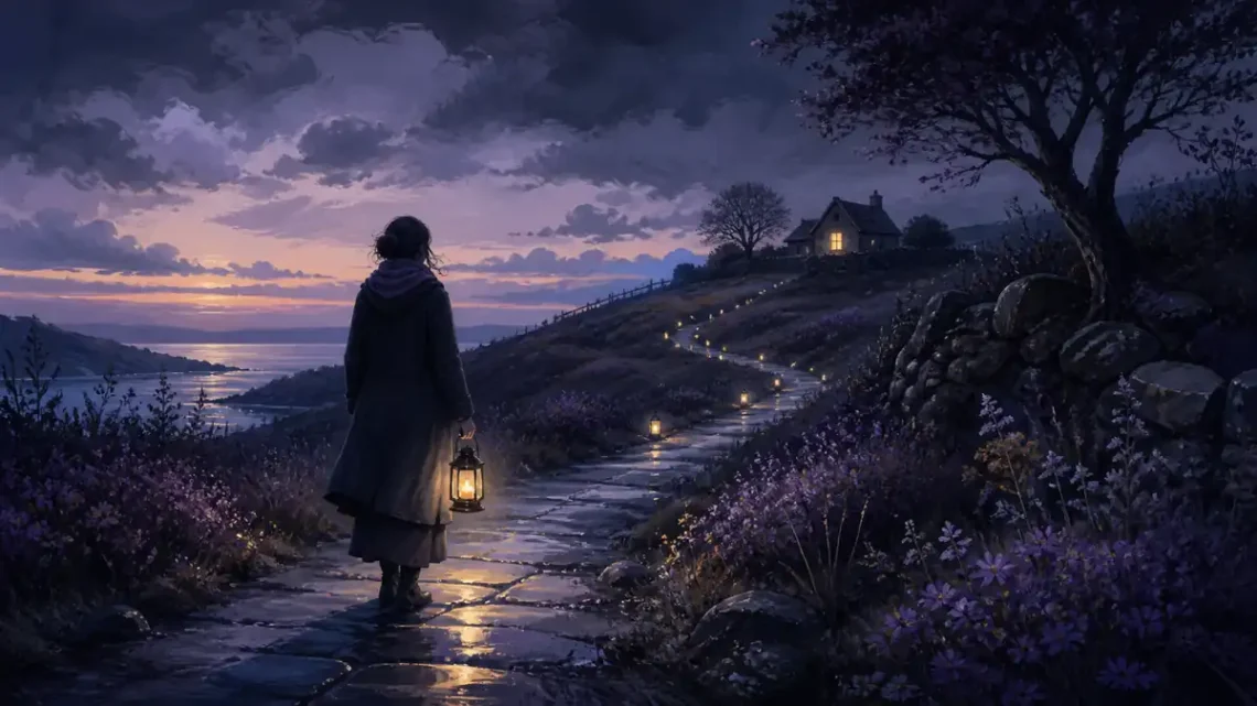 Editorial illustration of an older adult walking through a garden where seasons overlap for aging psychology