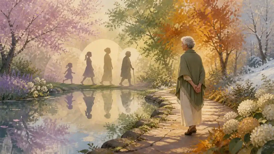Editorial illustration of an older adult walking through a garden where seasons overlap for aging psychology