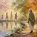 Editorial illustration of an older adult walking through a garden where seasons overlap for aging psychology