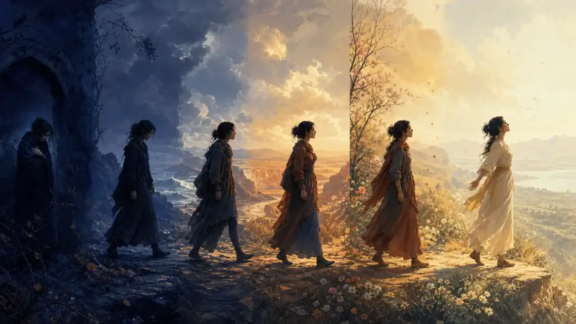 Editorial illustration of a fictional figure moving through changing landscapes for character development