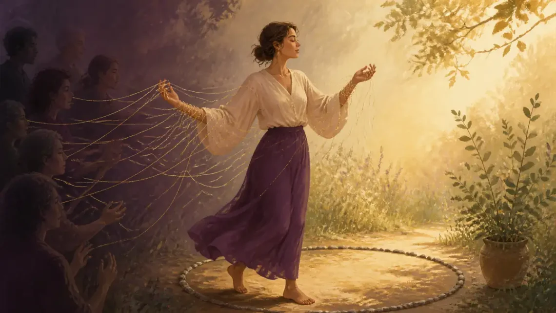 Editorial illustration of a person removing strings and stepping into a clearing for people-pleasing recovery
