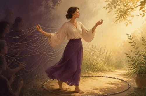 Editorial illustration of a person removing strings and stepping into a clearing for people-pleasing recovery