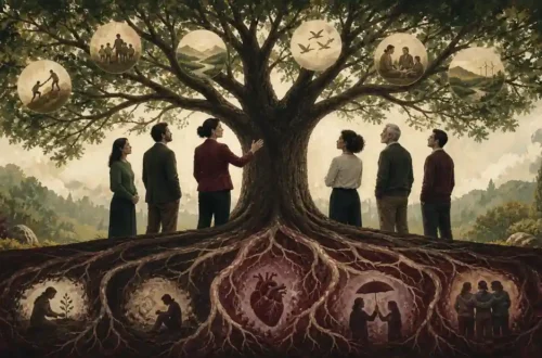 Editorial illustration of a leader beneath a tree whose roots show trust, emotion, and leadership psychology