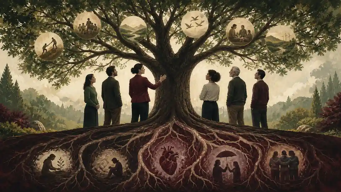 Editorial illustration of a leader beneath a tree whose roots show trust, emotion, and leadership psychology