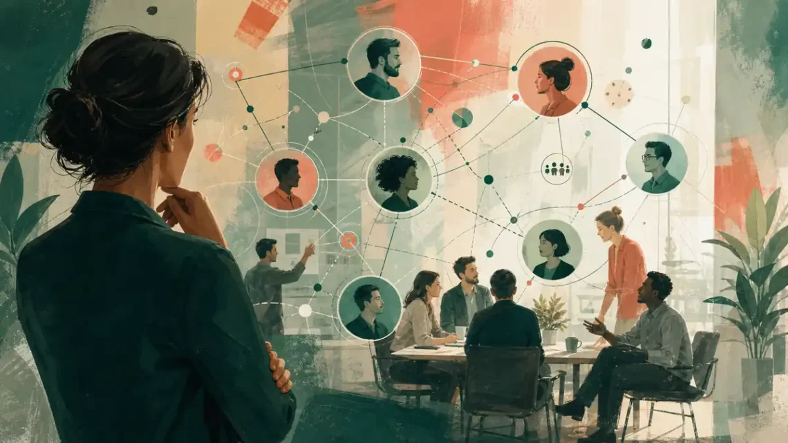 Editorial illustration of a manager observing a healthy workplace ecosystem of relationships and motives