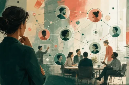Editorial illustration of a manager observing a healthy workplace ecosystem of relationships and motives