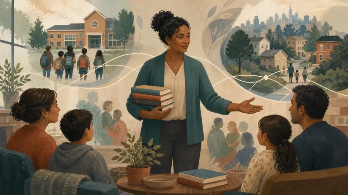 Editorial illustration of a social worker connecting a family, school, and neighborhood through support