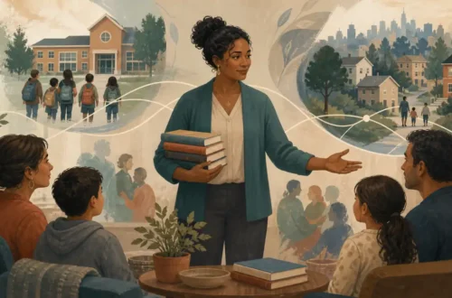 Editorial illustration of a social worker connecting a family, school, and neighborhood through support