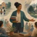 Editorial illustration of a social worker connecting a family, school, and neighborhood through support