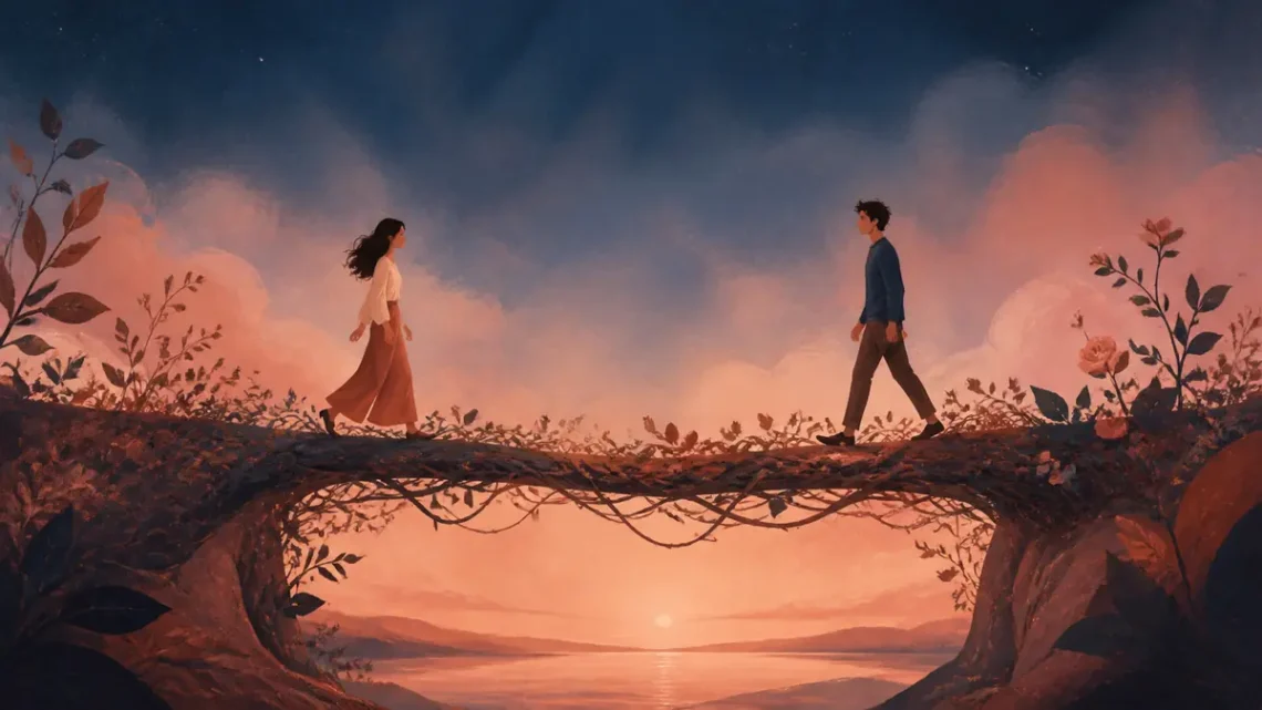 Editorial illustration of two people meeting across a vine-covered bridge for love and connection