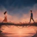 Editorial illustration of two people meeting across a vine-covered bridge for love and connection