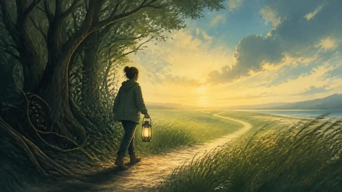 Editorial illustration of a person leaving a tangled forest for a committed path in acceptance and commitment therapy