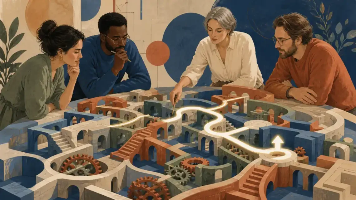 Editorial illustration of people solving a complex maze of pathways, bridges, and gears
