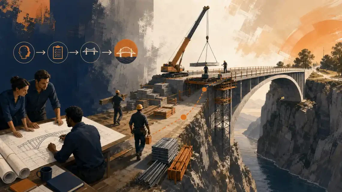 Editorial illustration of a focused team turning a plan into a finished bridge for execution