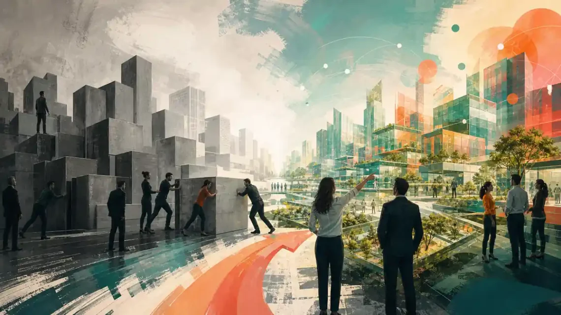 Editorial illustration of a business landscape transforming from rigid blocks into a connected flexible city
