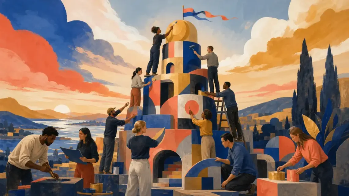 Editorial illustration of a team assembling a distinctive signal tower for a shared brand identity