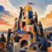 Editorial illustration of a team assembling a distinctive signal tower for a shared brand identity