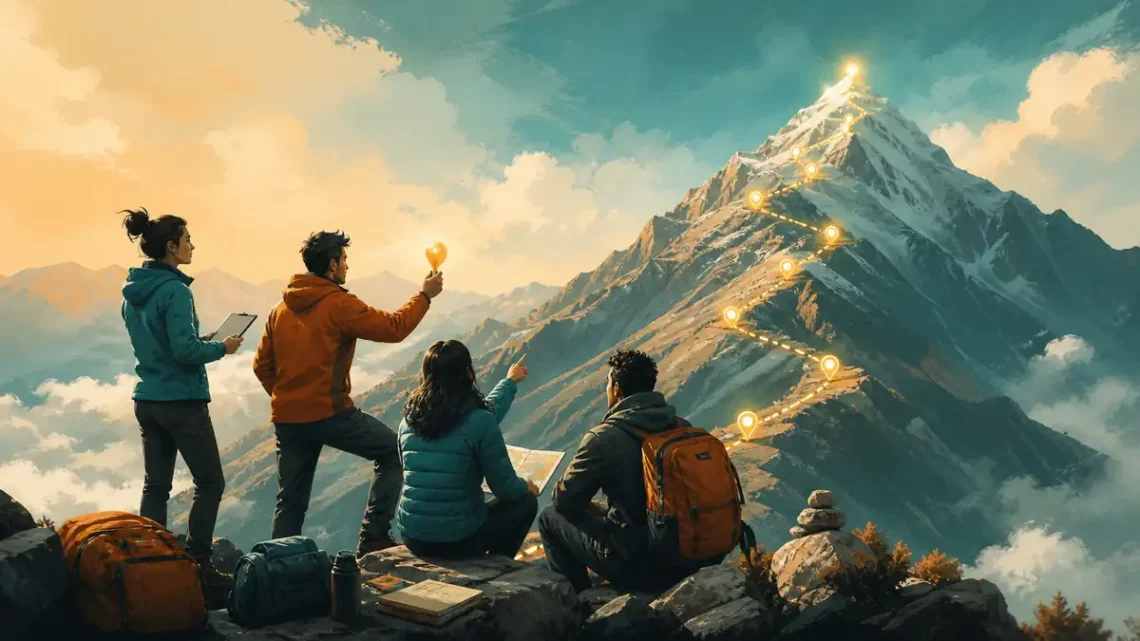 Editorial illustration of a team placing luminous markers along a mountain route for workplace goals