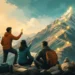 Editorial illustration of a team placing luminous markers along a mountain route for workplace goals