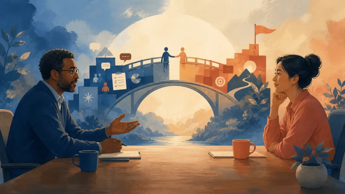Editorial illustration of a manager and employee forming a balanced feedback bridge during a performance review
