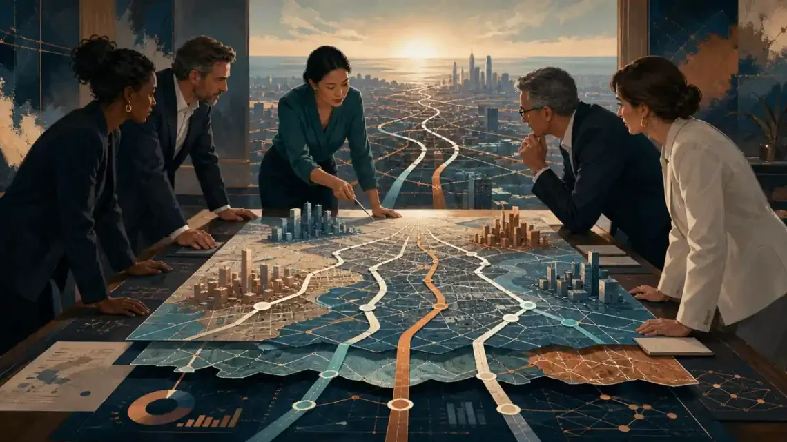 Editorial illustration of a manager guiding a business strategy map through connected markets and choices