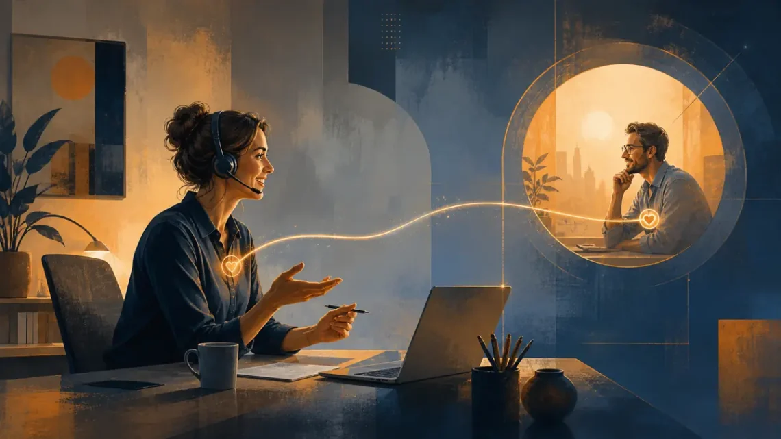 Editorial illustration of an inside sales professional connecting with a distant customer through warm light