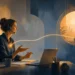 Editorial illustration of an inside sales professional connecting with a distant customer through warm light