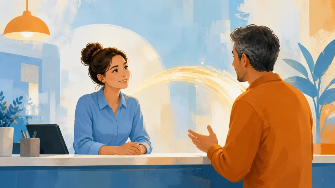 Editorial illustration of a newcomer listening carefully to a customer at a service counter