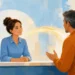 Editorial illustration of a newcomer listening carefully to a customer at a service counter
