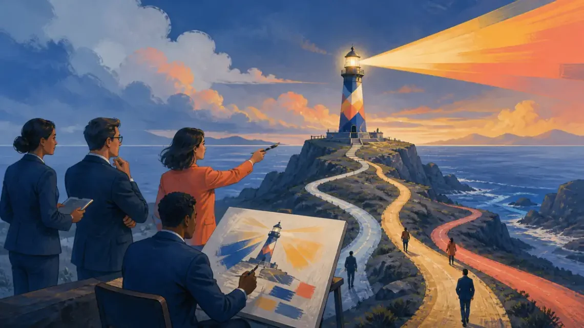Editorial illustration of executives shaping a distinctive lighthouse and brand signal on a coastal cliff
