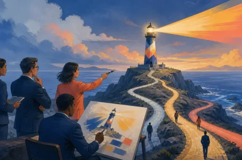 Editorial illustration of executives shaping a distinctive lighthouse and brand signal on a coastal cliff
