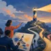Editorial illustration of executives shaping a distinctive lighthouse and brand signal on a coastal cliff