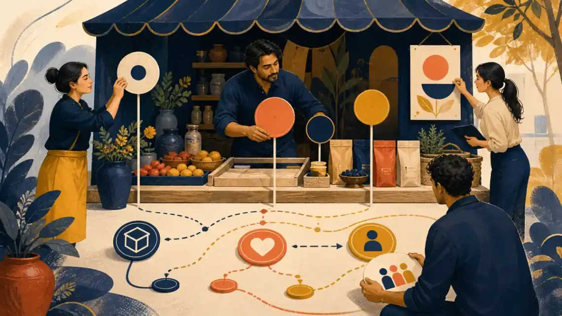 Editorial illustration of a team arranging balanced price and value signals around a market stall