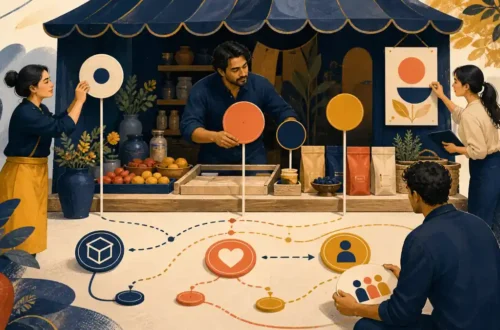 Editorial illustration of a team arranging balanced price and value signals around a market stall