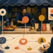 Editorial illustration of a team arranging balanced price and value signals around a market stall