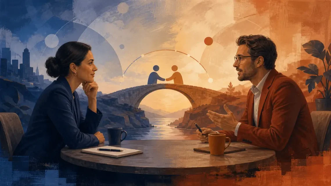 Editorial illustration of two professionals building a bridge of trust through a sales conversation