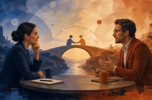 Editorial illustration of two professionals building a bridge of trust through a sales conversation