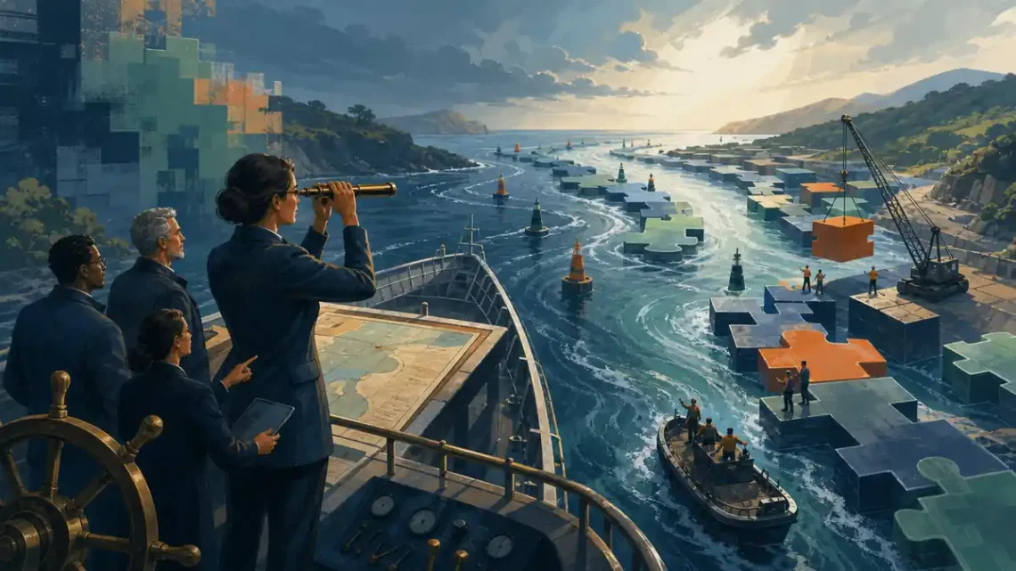 Editorial illustration of managers guiding a ship through changing channels during organizational change