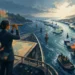 Editorial illustration of managers guiding a ship through changing channels during organizational change