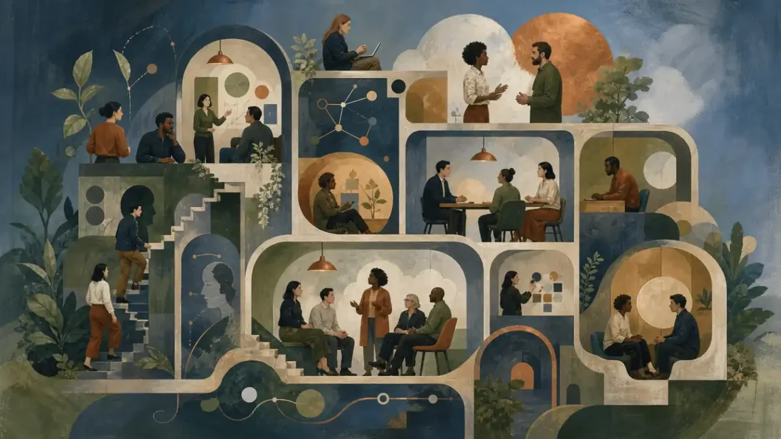 Editorial illustration of a diverse workplace team connected through rooms and pathways for organizational behavior