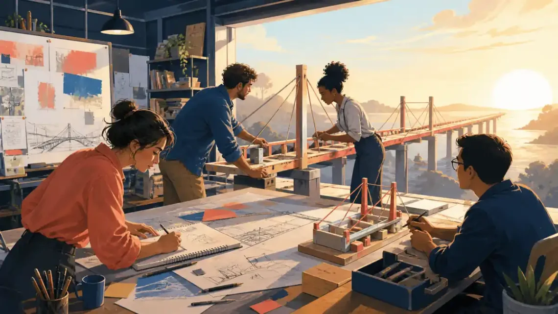 Editorial illustration of a startup team assembling a bridge prototype toward a sunrise