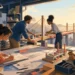 Editorial illustration of a startup team assembling a bridge prototype toward a sunrise
