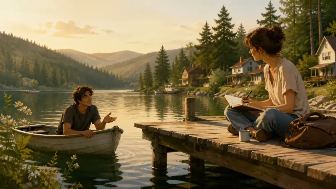 Tender small-town romance illustration of two people building trust beside a quiet lake