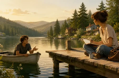 Tender small-town romance illustration of two people building trust beside a quiet lake